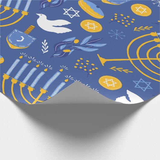 Blauwe Chanoeka Menorah Dove en Dreidel Chanoeka Cadeaupapier (Hoek)