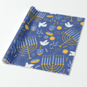 Blauwe Chanoeka Menorah Dove en Dreidel Chanoeka Cadeaupapier (Uitgerold)
