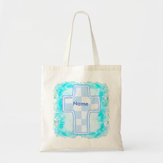 Blauwe Check Christelijk Kruis Tote Bag (Voorkant)