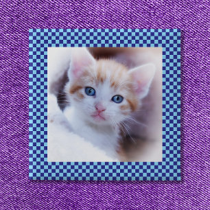Blauwe Check Familie Huisdier Foto Rand Vierkante Button 5,1 Cm