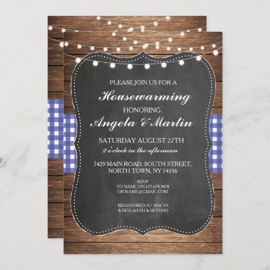 Blauwe Check Wood BBQ Uitnodigen Kaart (Voorkant / Achterkant)