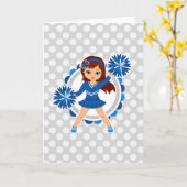 Blauwe Cheerleader Brunette - Cute Cheer Kaart (Gele Bloem)
