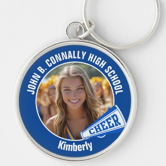Blauwe cheerleader foto High School Spirit Sleutelhanger (Voorkant)