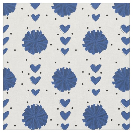 Blauwe Cheerleader Pom Poms & Hearts Pattern Stof (Close Up)