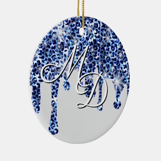 Blauwe Cheetah Sparkles Monogram uitstrijken Keramisch Ornament (Rechts)