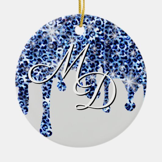 Blauwe Cheetah Sparkles Monogram uitstrijken Keramisch Ornament (Voorkant)