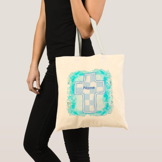 Blauwe cheque Christelijk kruis Tote Bag (Voorkant (product))