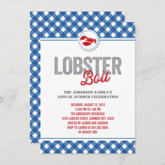 Blauwe cheques Lobster Boil Annual Summer Party Kaart (Voorkant / Achterkant)