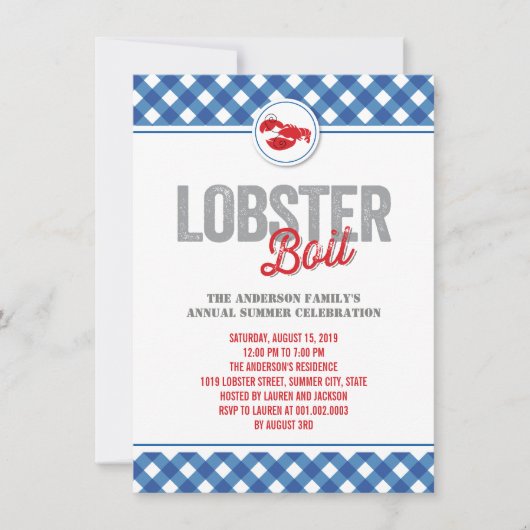 Blauwe cheques Lobster Boil Annual Summer Party Kaart (Voorkant)