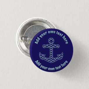 Blauwe Chevron Anker Nautische aangepaste tekst Ronde Button 3,2 Cm