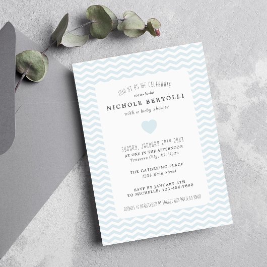 Blauwe Chevron Baby Shower Uitnodiging
