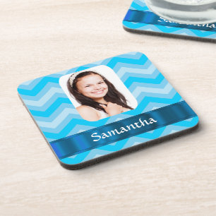Blauwe chevron gepersonaliseerde foto sjabloon bier onderzetter