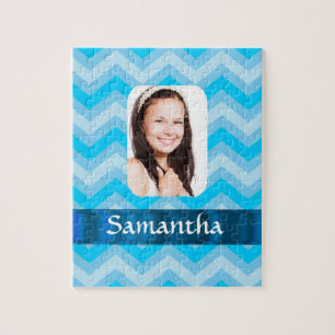 Blauwe chevron gepersonaliseerde foto sjabloon legpuzzel