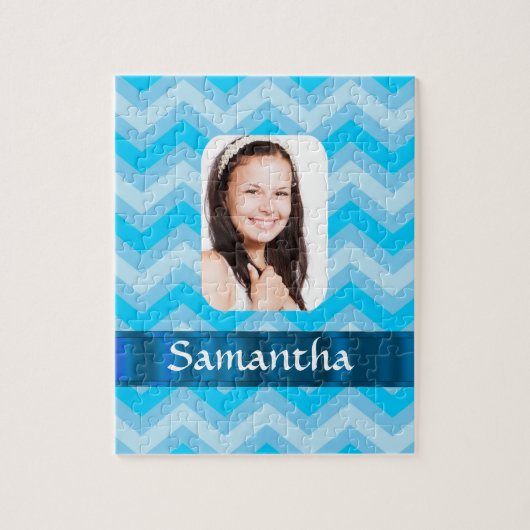 Blauwe chevron gepersonaliseerde foto sjabloon legpuzzel (Verticaal)