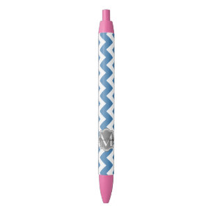 Blauwe Chevron, Grijze Floral Aangepast monogram Zwarte Inkt Pen