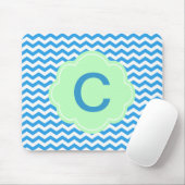 Blauwe chevron, lichte groene vorm, monogram muismat (Met muis)