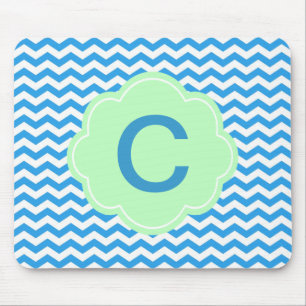 Blauwe chevron, lichte groene vorm, monogram muismat