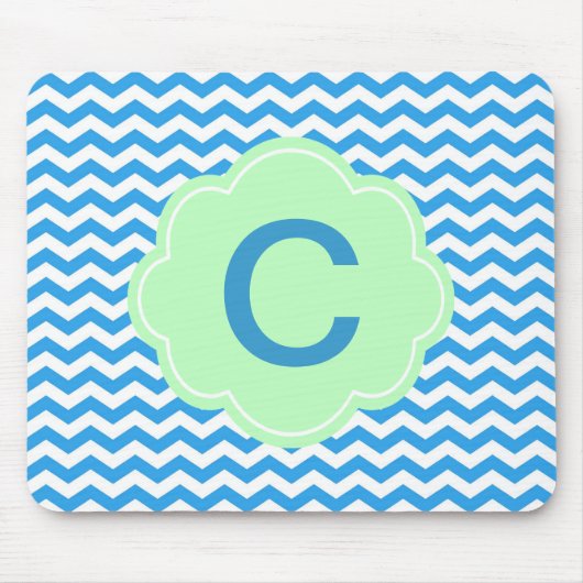 Blauwe chevron, lichte groene vorm, monogram muismat (Voorkant)