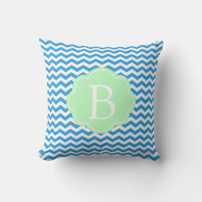 Blauwe chevron, lichtgroene vorm, monogram kussen (Voorkant)