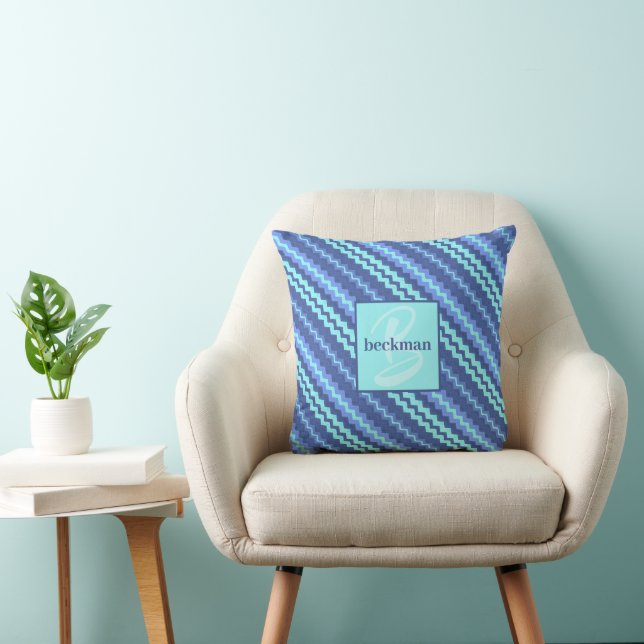 Blauwe Chevron Monogrammed Kussen (Stoel)
