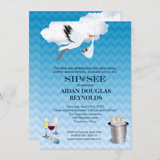 Blauwe Chevron Stork Baby Sip en See Party Kaart (Voorkant / Achterkant)
