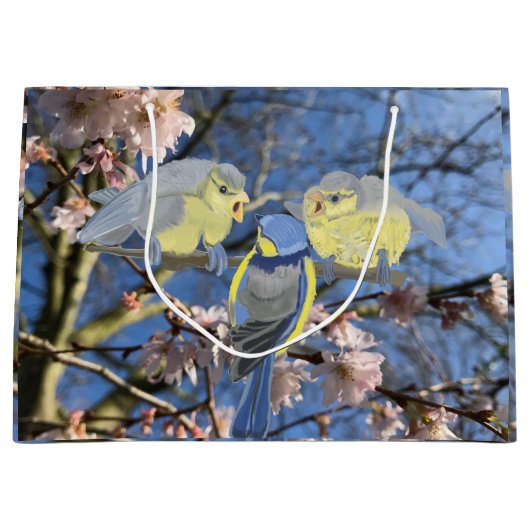 Blauwe Chickadee Moeder en baby's Pasen Groot Cadeauzakje (Voorkant)