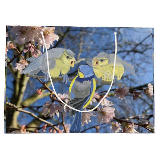 Blauwe Chickadee Moeder en baby's Pasen Groot Cadeauzakje (Achterkant)