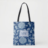 Blauwe Chinese Bloemstuk Aangepaste Monogram Schou Tote Bag (Voorkant)