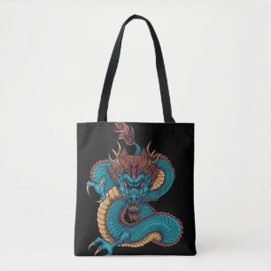 blauwe chinese draak tote bag