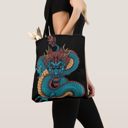 blauwe chinese draak tote bag (Dichtbij)