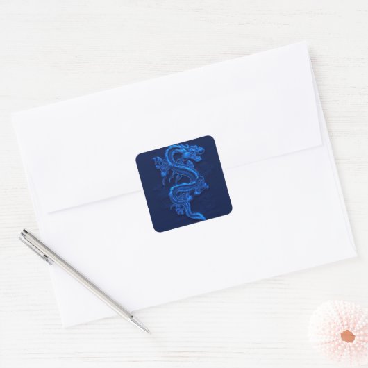 Blauwe Chinese draak Vierkante Sticker (Envelop)