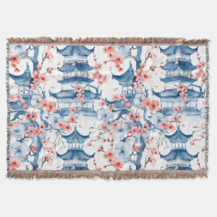Blauwe Chinese Pagode Kersenbloesem Patroon Deken