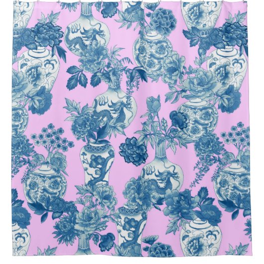 Blauwe Chinese vazen en bloemenboeket Waterverf Douchegordijn (Voorkant)