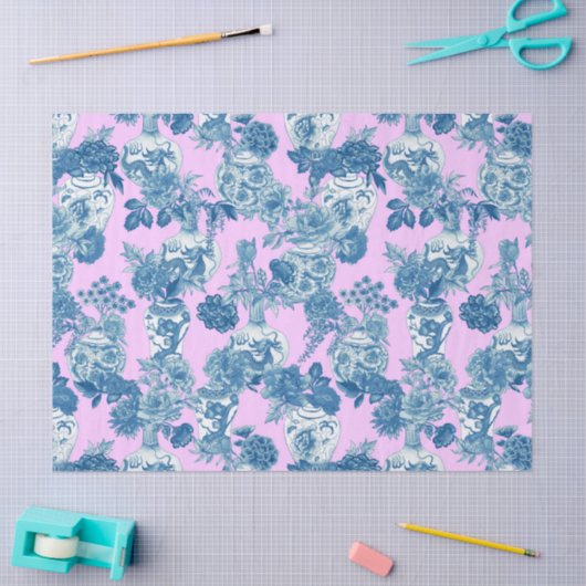 Blauwe Chinese vazen en bloemenboeket Waterverf Tissuepapier (Craft)