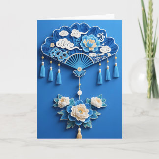 Blauwe Chinese waaier bloemrijke elegante verjaard Kaart