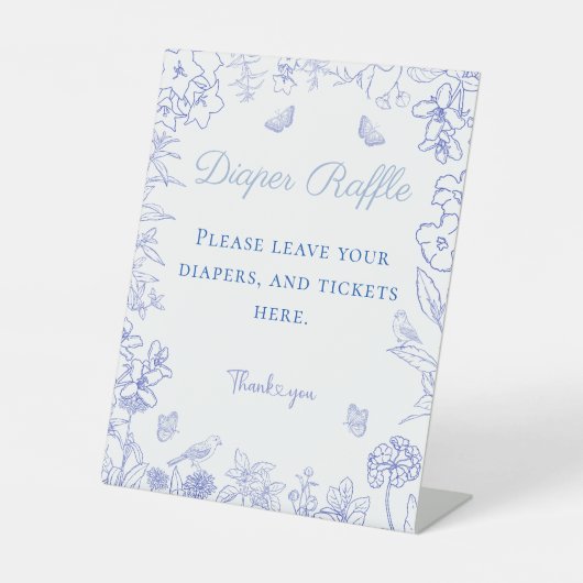 Blauwe Chinoiserie Baby shower Luier Raffle Reclamebord Met Voetstuk (Voorkant)