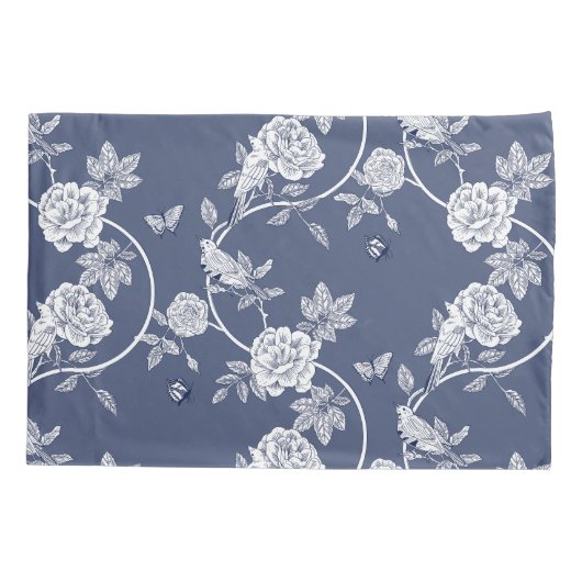 Blauwe Chinoiserie Bloemen en vogels Kussensloop (Achterkant)