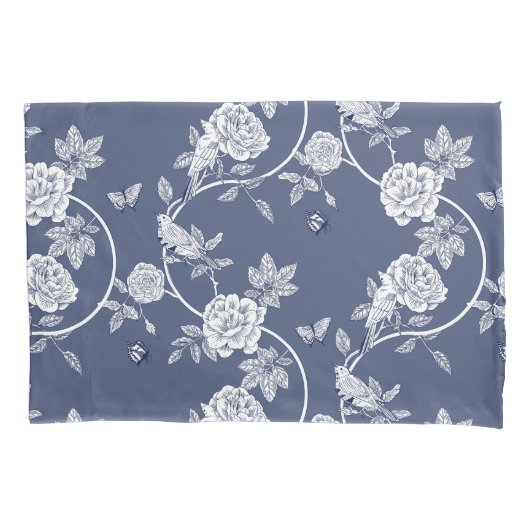 Blauwe Chinoiserie Bloemen en vogels Kussensloop (Voorkant)