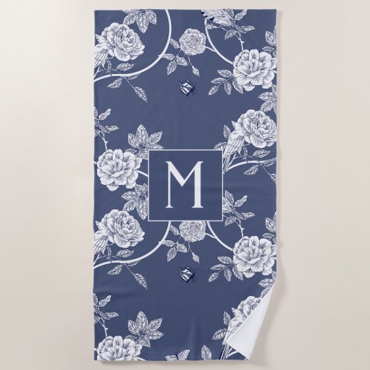 Blauwe Chinoiserie Bloemen en Vogels Monogram Strandlaken (Voorkant)