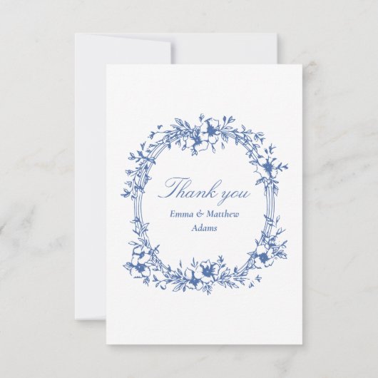 Blauwe Chinoiserie Bloemen Foto Bruiloft Bedankkaart (Achterkant)