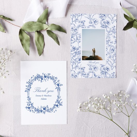 Blauwe Chinoiserie Bloemen Foto Bruiloft Bedankkaart