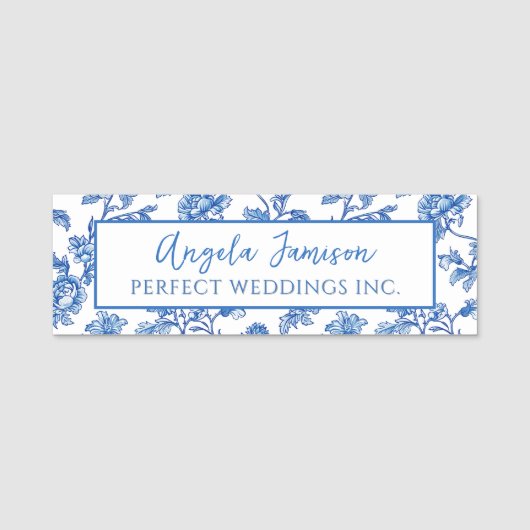 Blauwe Chinoiserie Bloemen Naam Tag (Voorkant)