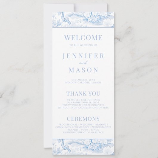 Blauwe Chinoiserie bloemenbruiloft programma kaart (Voorkant)