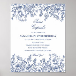 Blauwe Chinoiserie Bloemige Tijdscapsule Baby Gebo Poster