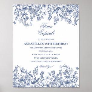 Blauwe Chinoiserie Bloemige Tijdscapsule Baby Gebo Poster