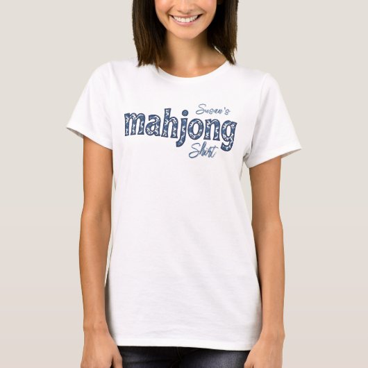 Blauwe Chinoiserie Bloemstuk Aangepaste Mahjong T-shirt (Voorkant)