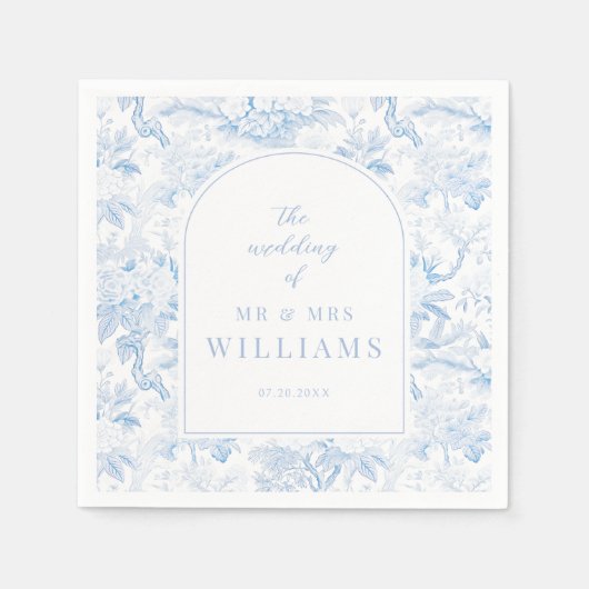 Blauwe chinoiserie boog bruiloft papieren servette servet (Voorkant)