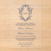 Blauwe Chinoiserie Crest Monogram Huwelijk Acryl Uitnodigingen (Voorkant)