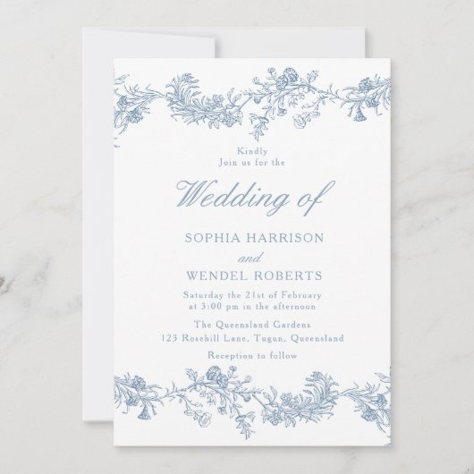 Blauwe Chinoiserie Elegant Huwelijk Kaart (Voorkant)