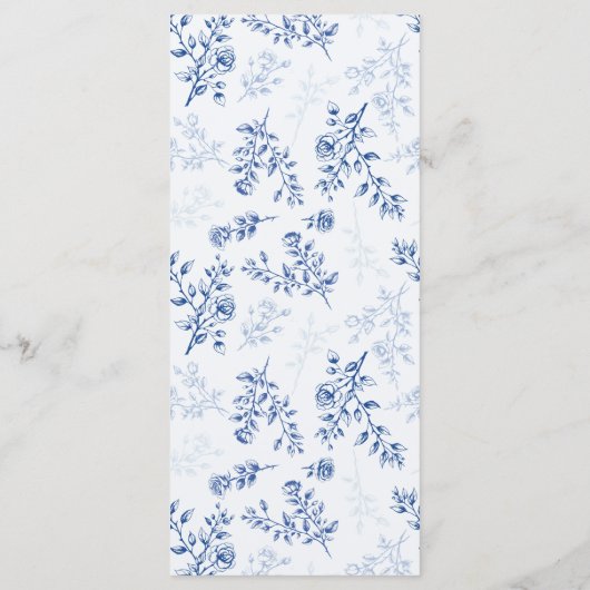 Blauwe Chinoiserie Elegante bloemenbruiloft Menu (Achterkant)